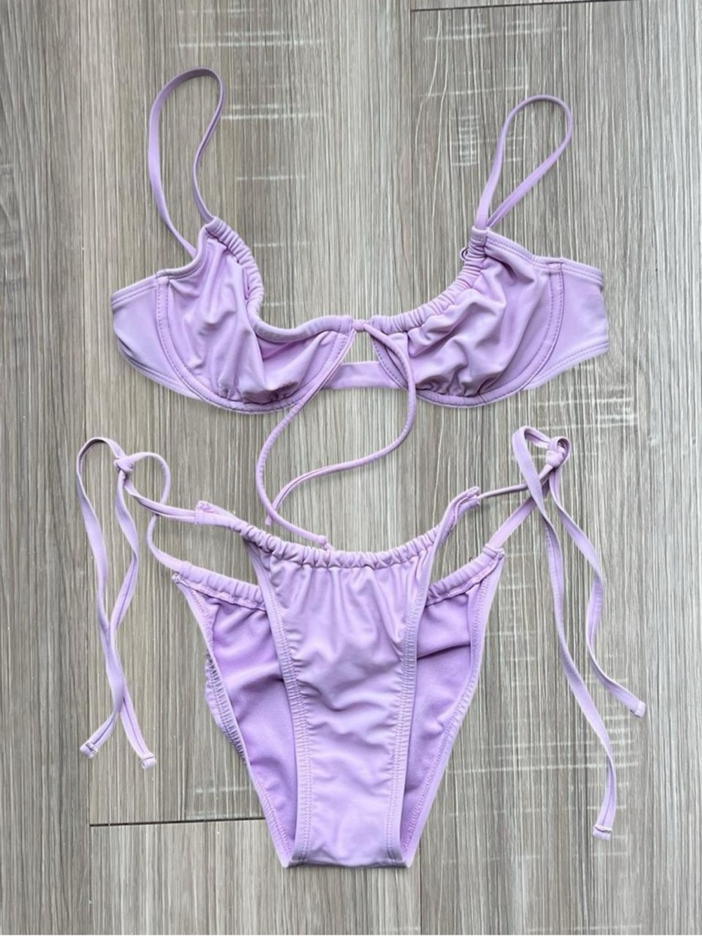 Lilac scoop bralette string bikini set with adjustable straps